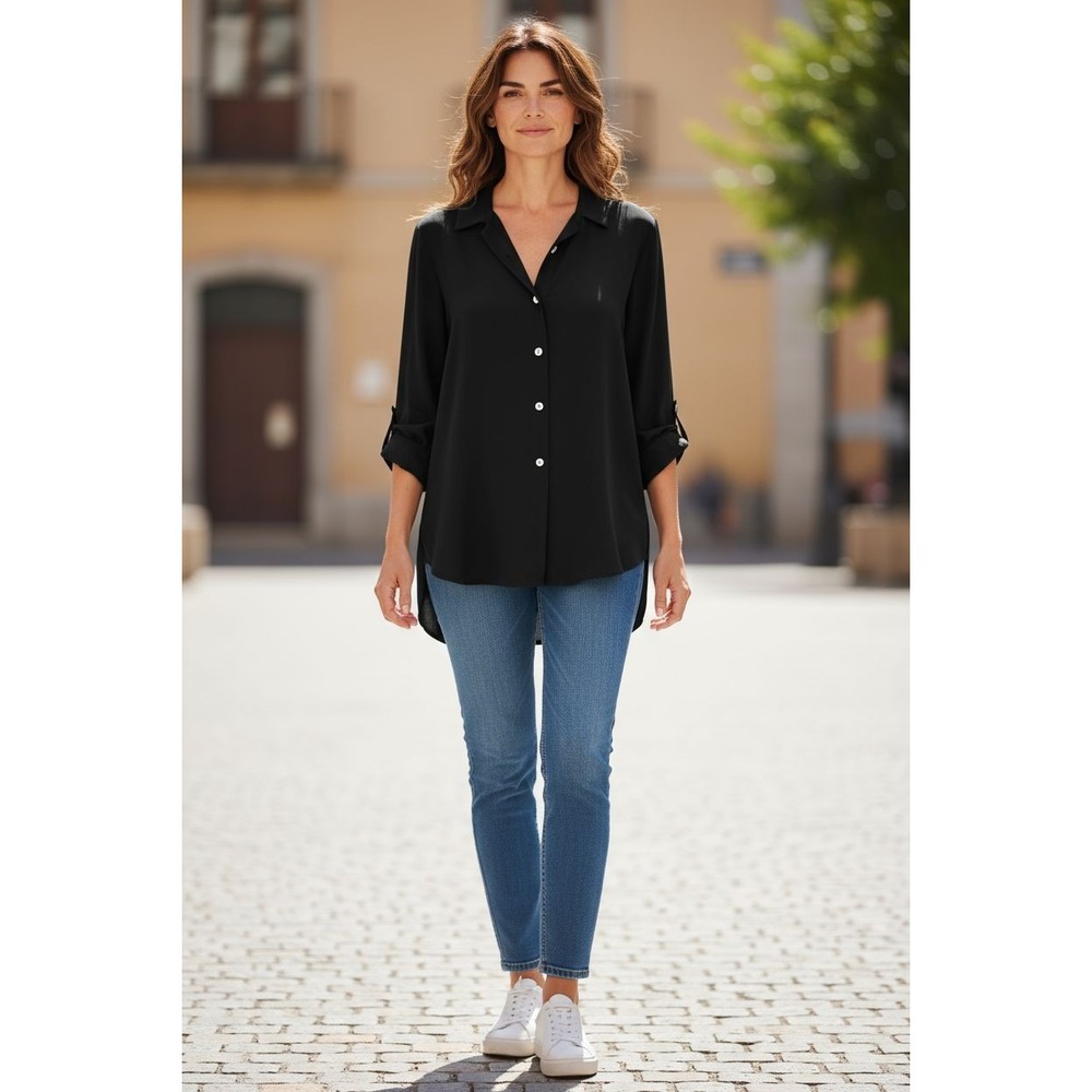 Samantha Taylor 100% Silk Blouse Women's SZ 12 Button-Up Shimmery Black 3/4 SLVE